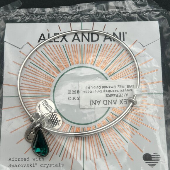 Alex and Ani Bracelet Swarovski Teardrop Emerald Crystal Charm Bangle - Picture 1 of 5